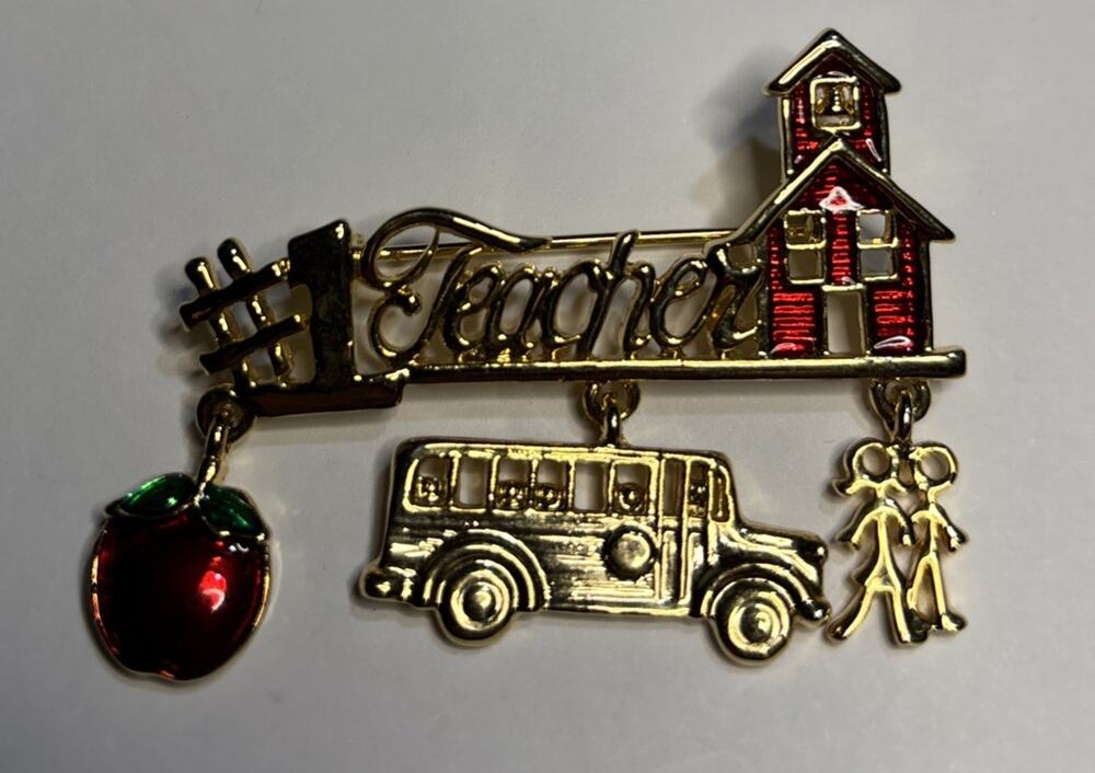 Vintage Signed DANECRAFT Goldtone Red Enamel Dangle TEATHER Shape Pin Brooch 2”